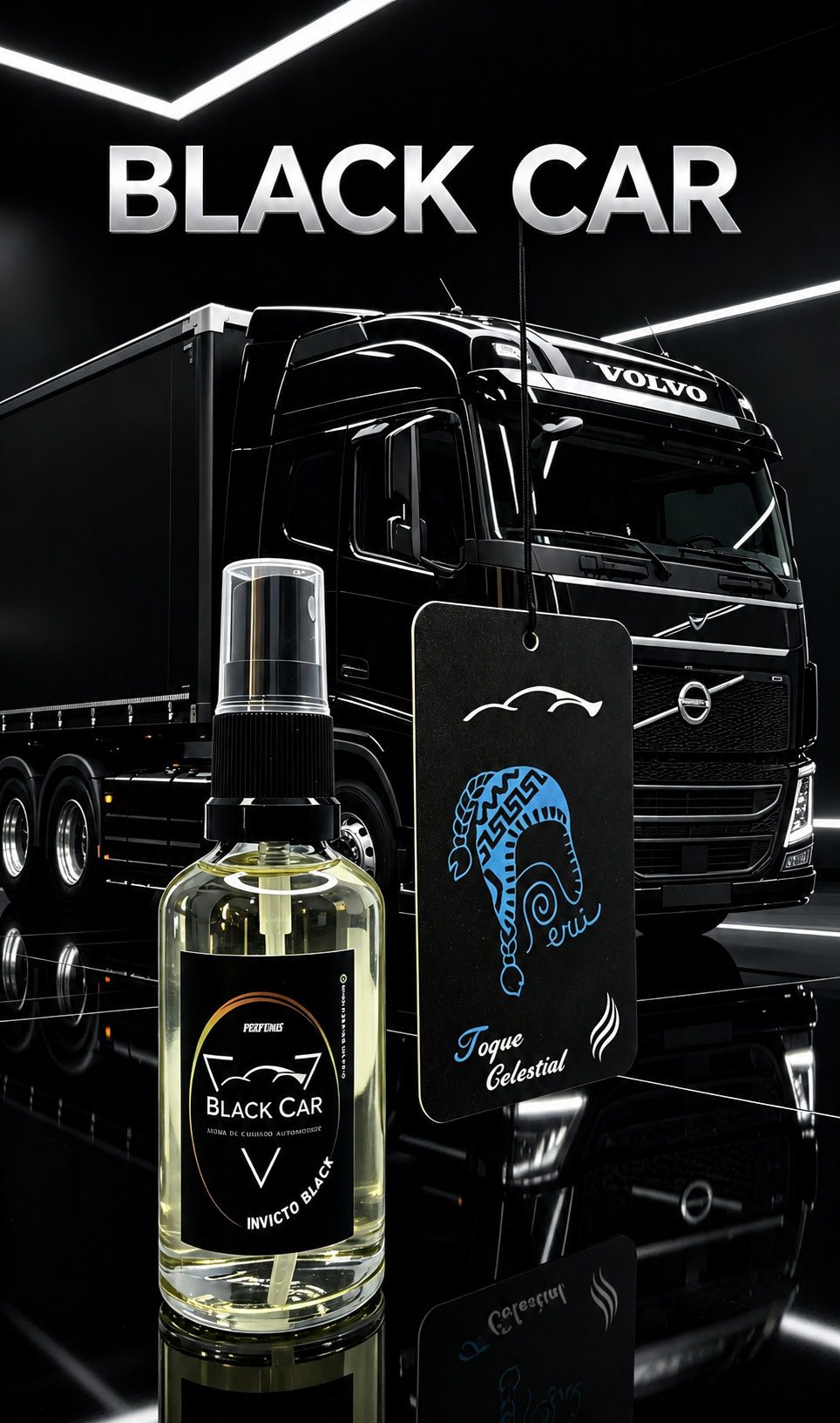 Perfume Invicto Black y ambientador colgante Toque Celestial frente a un camión