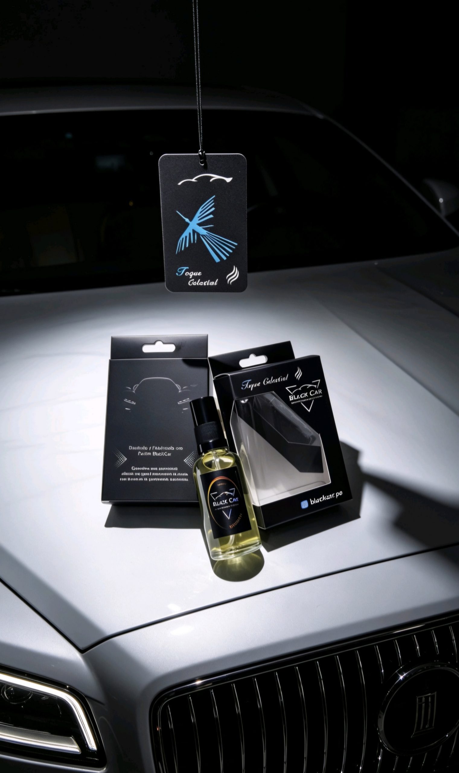 Presentación BlackCar con perfume y ambientador colgante sobre un automóvil